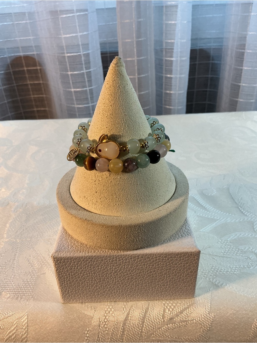 Green Chalcedony and Multi Gemstone Gold Tone Stretch Bracelets